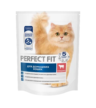 Сухой полнорационный корм PERFECT FIT™ для живущих в помещении взрослых кошек с говядиной