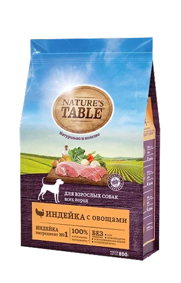 Сухой корм NATURE'S TABLE™ для собак всех пород, индейка с овощами, 800 г