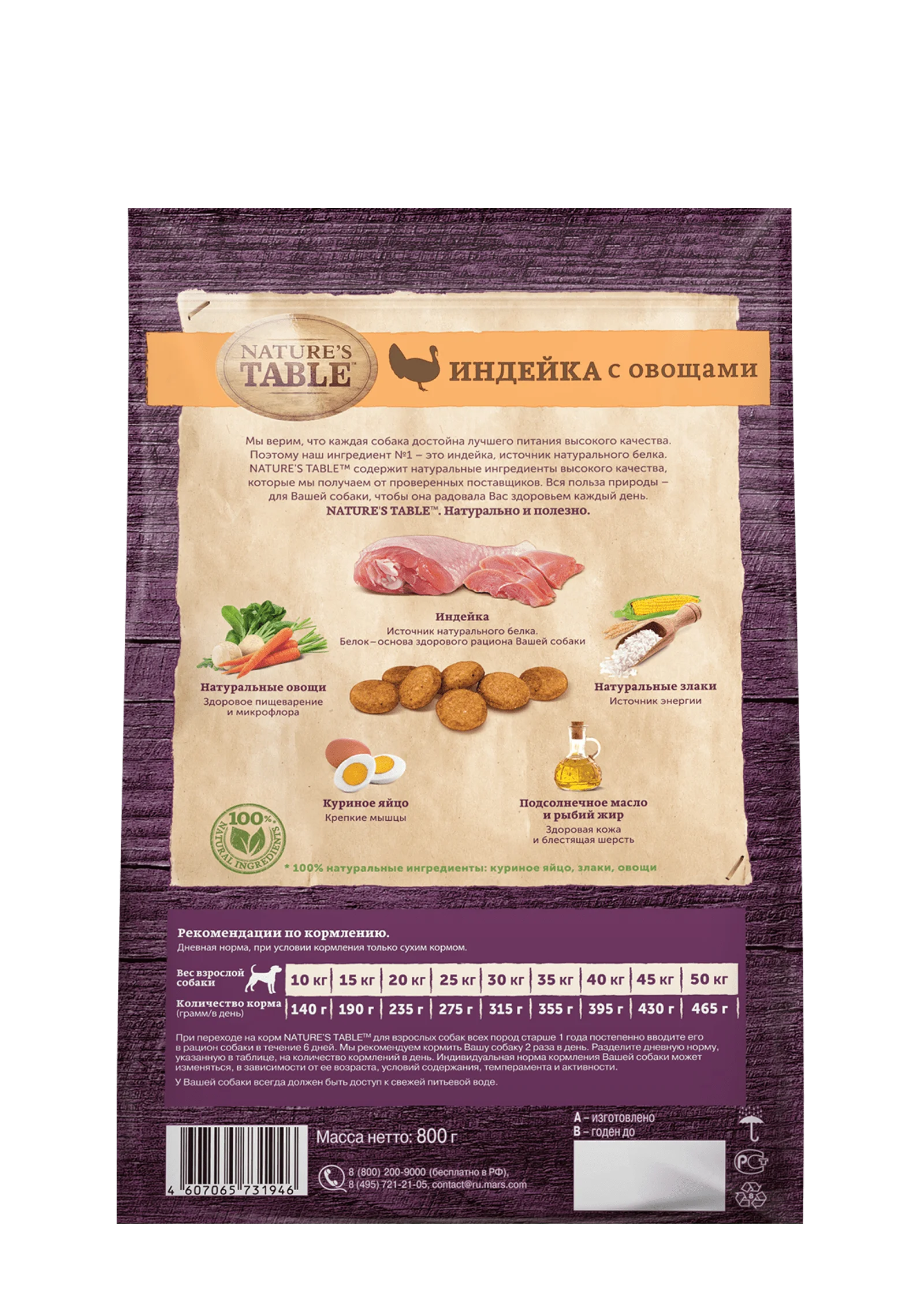 Сухой корм NATURE'S TABLE™ для собак всех пород, индейка с овощами, 800 г