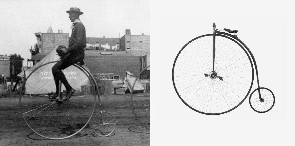 Высота переднего колеса «пенни-фартинга» достигала полутора метров. Такие велосипеды были популярны по обе стороны океана. Фотография сделана в 1886 году в Калифорнии. Фото: wikipedia.org