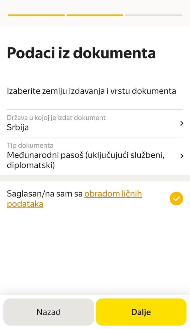 Prilikom fotokontrole dokumenata izaberite tip dokumenta i dajte saglasnost na obradu ličnih podataka