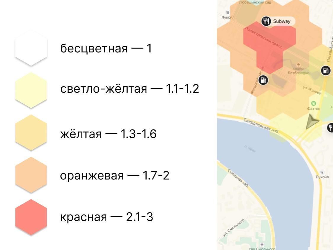 Коэффициент спроса можно определить по карте — чем темнее сектор, тем выше он в этом районе