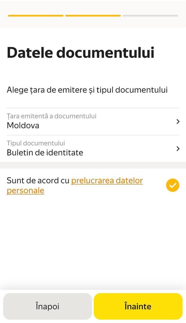 În timpul controlului foto al documentelor, selectează tipul de document și exprimă-ți consimțământul pentru prelucrarea datelor tale cu caracter personal