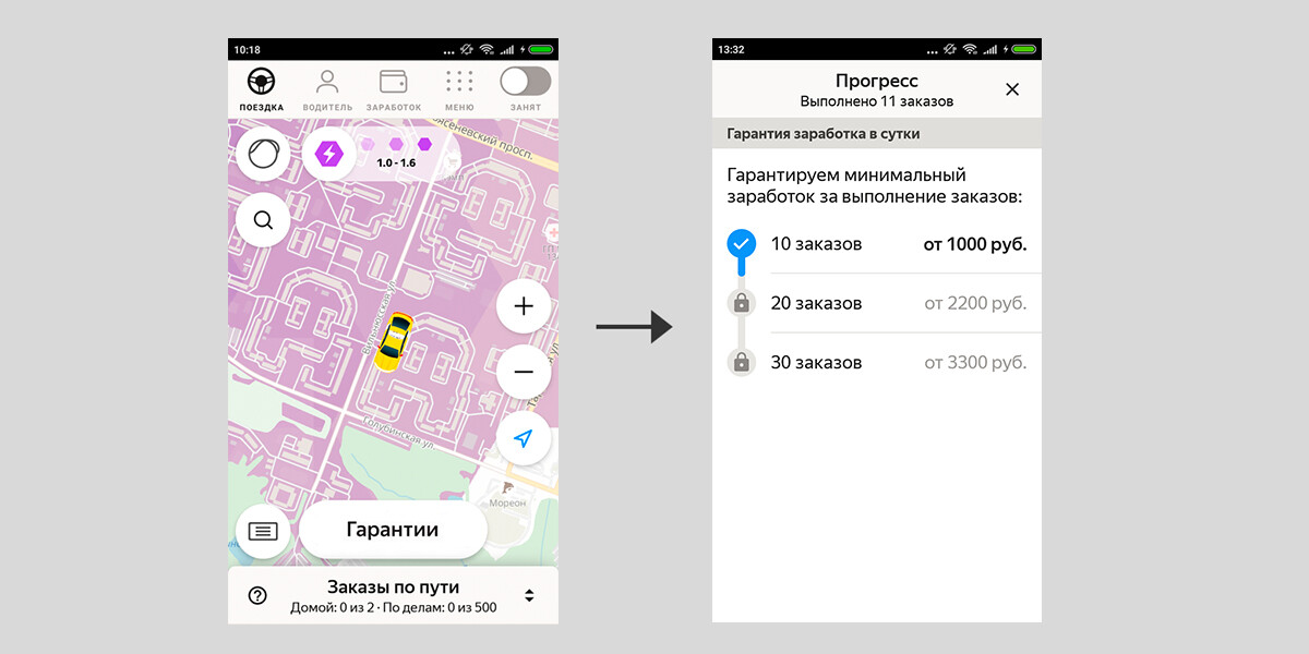 Когда бонус действует, на карте Яндекс Про слева внизу появится плашка «Бонусы». Нажмите на неё и увидите свой прогресс: сколько заказов вы уже выполнили и какие бонусы за них можно получить.