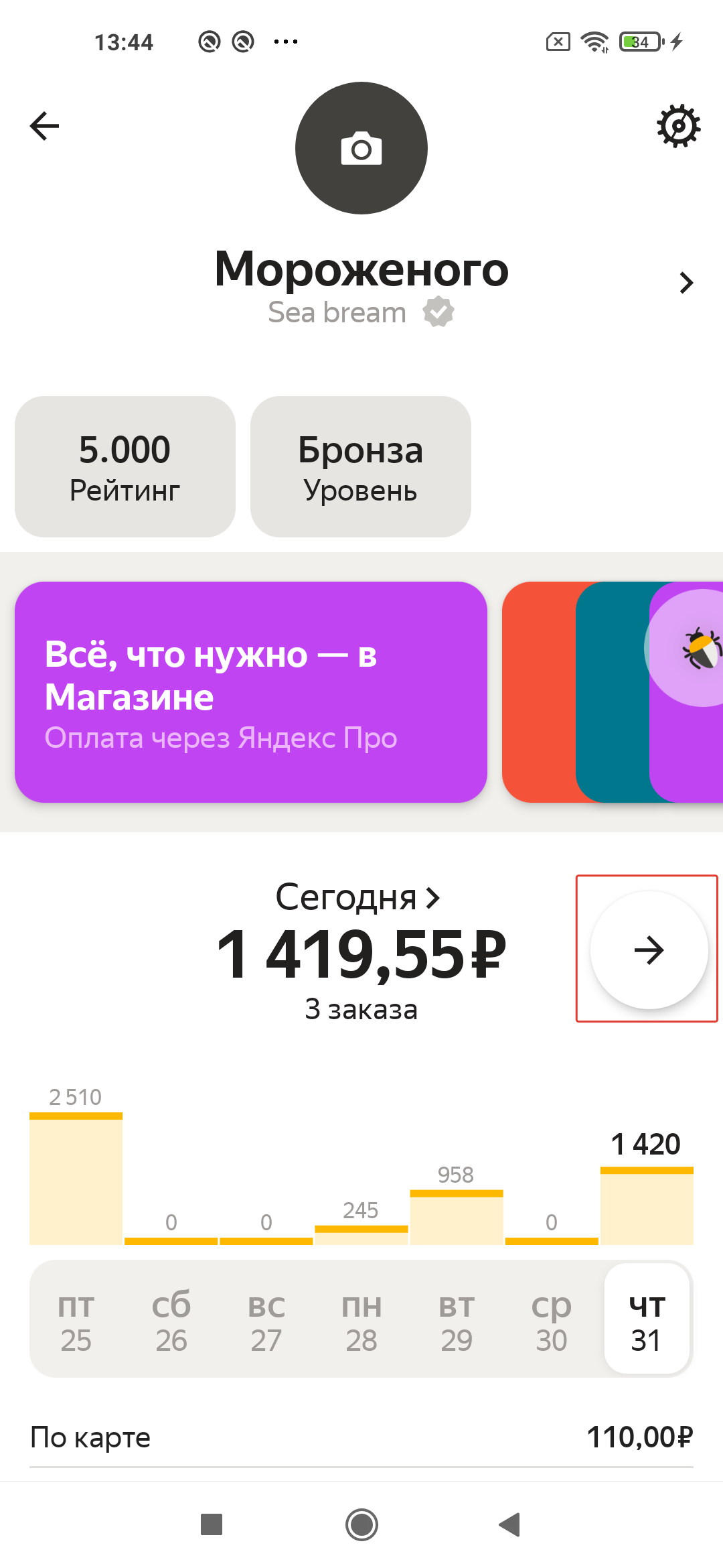 Зайдите в профиль Яндекс Про, промотайте до статистики и нажмите на стрелку справа от данных баланса