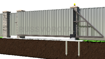 Автоматические откатные ворота из профлиста Alutech с калиткой консольные на ленточном фундаменте