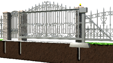 Автоматические откатные ворота кованые Alutech с калиткой подвесные на сваях