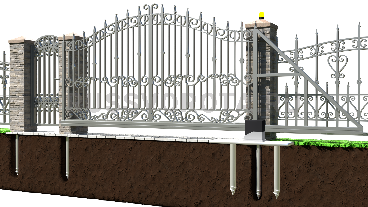 Автоматические откатные ворота кованые Alutech с калиткой консольные на сваях