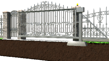 Автоматические откатные ворота кованые Alutech с калиткой подвесные на ленточном фундаменте