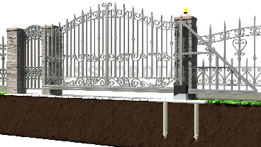 Автоматические откатные ворота кованые Alutech с калиткой консольные на ленточном фундаменте