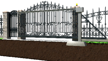 Механические откатные ворота кованые Doorhan с калиткой подвесные на ленточном фундаменте