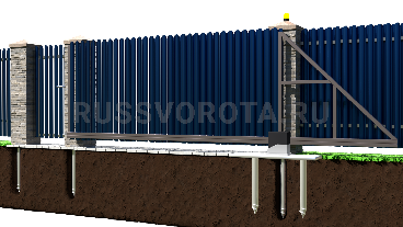 Автоматические откатные ворота из металло-штакетника Damast с калиткой консольные на сваях