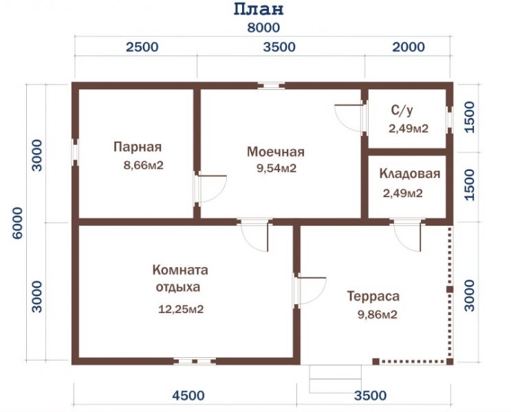 Проект бани 8 на 8 с террасой