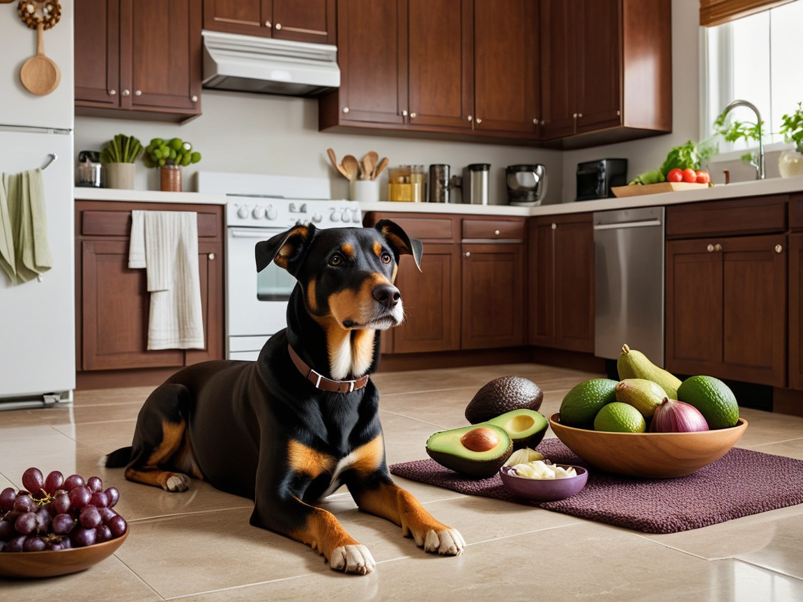 A cozy kitchen scene with a dog sitting on the floor