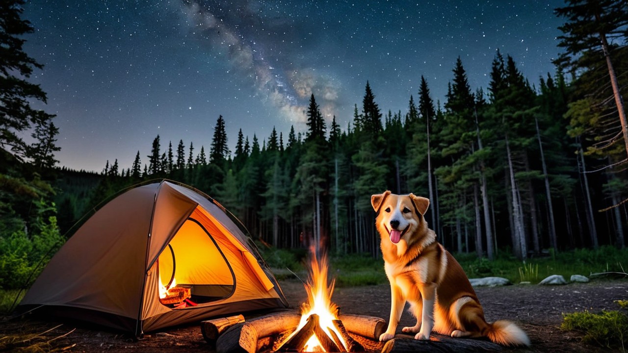 A happy dog sitting by a campfire under a starry summer night, surrounded by a cozy tent, camping gear, and a forest backdrop