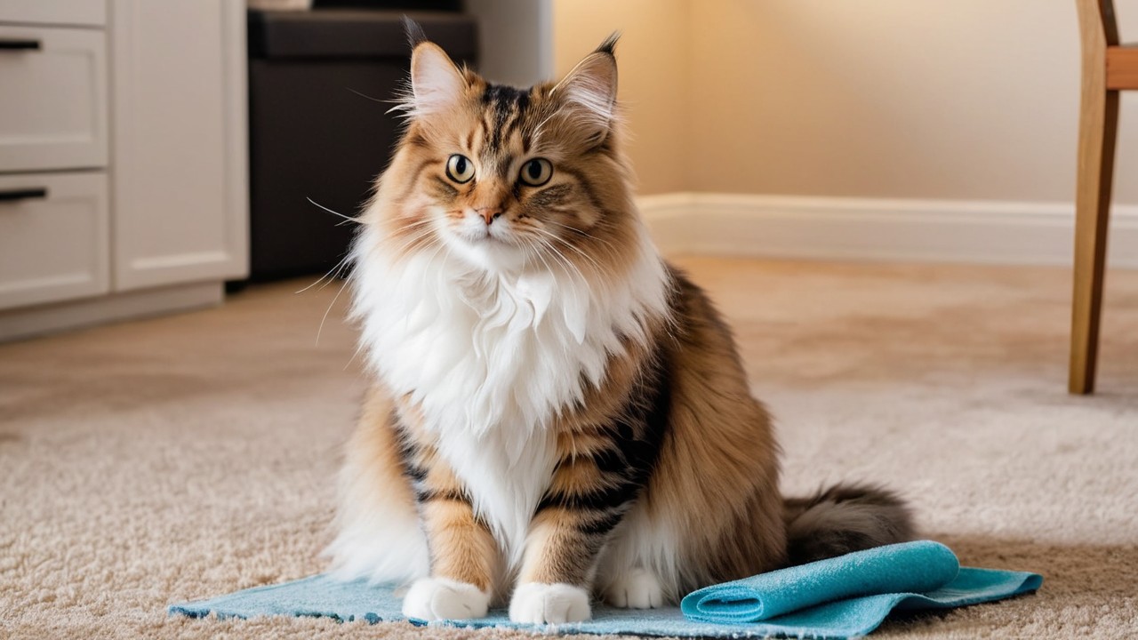 A fluffy cat sitting near a carpet with a visible wet spot, with a cleaning solution and paper towels placed nearby