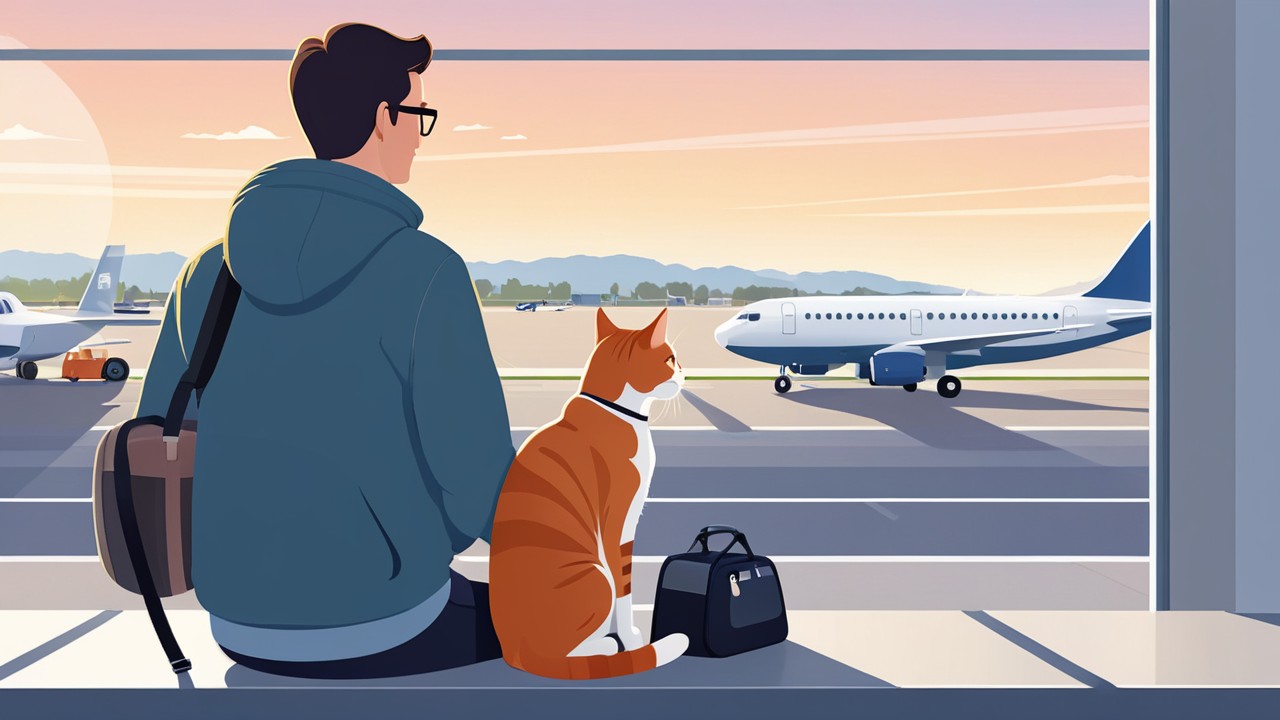 Peaceful airport scene with a calm cat in a pet carrier sitting next to its owner