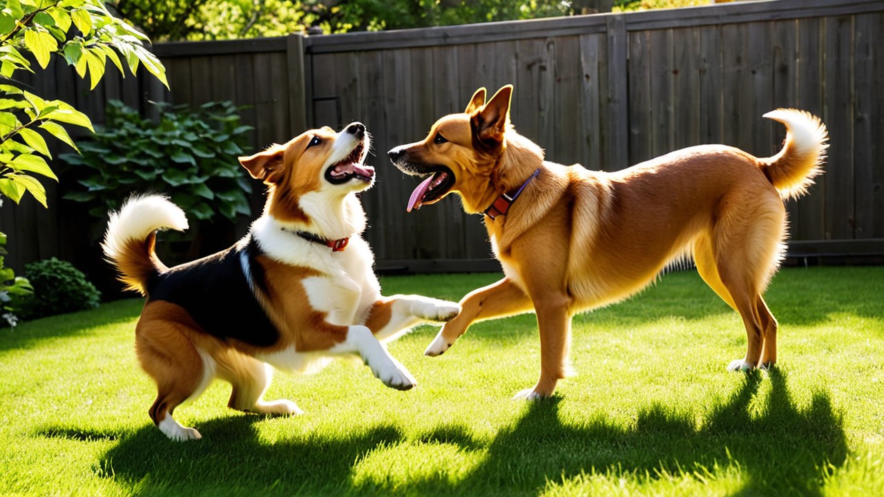 Two dogs interacting playfully in a backyard