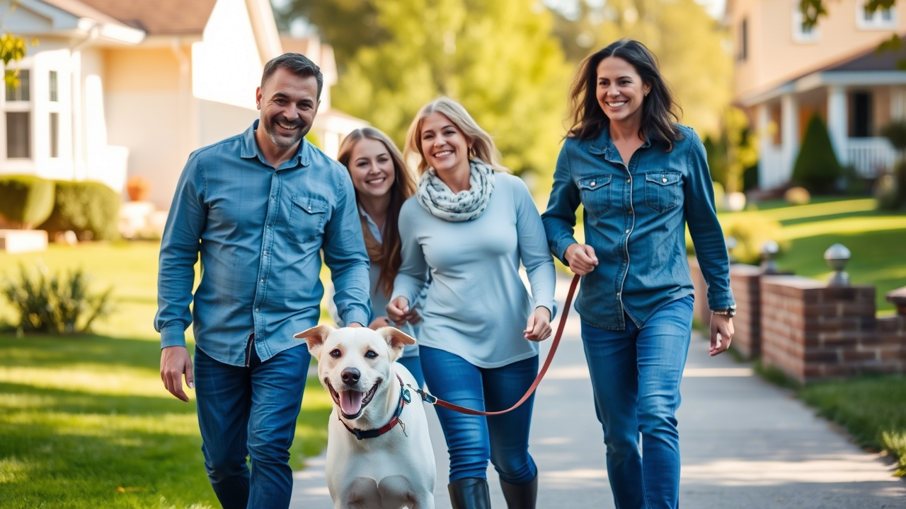 A family walking their dog in a new neighborhood