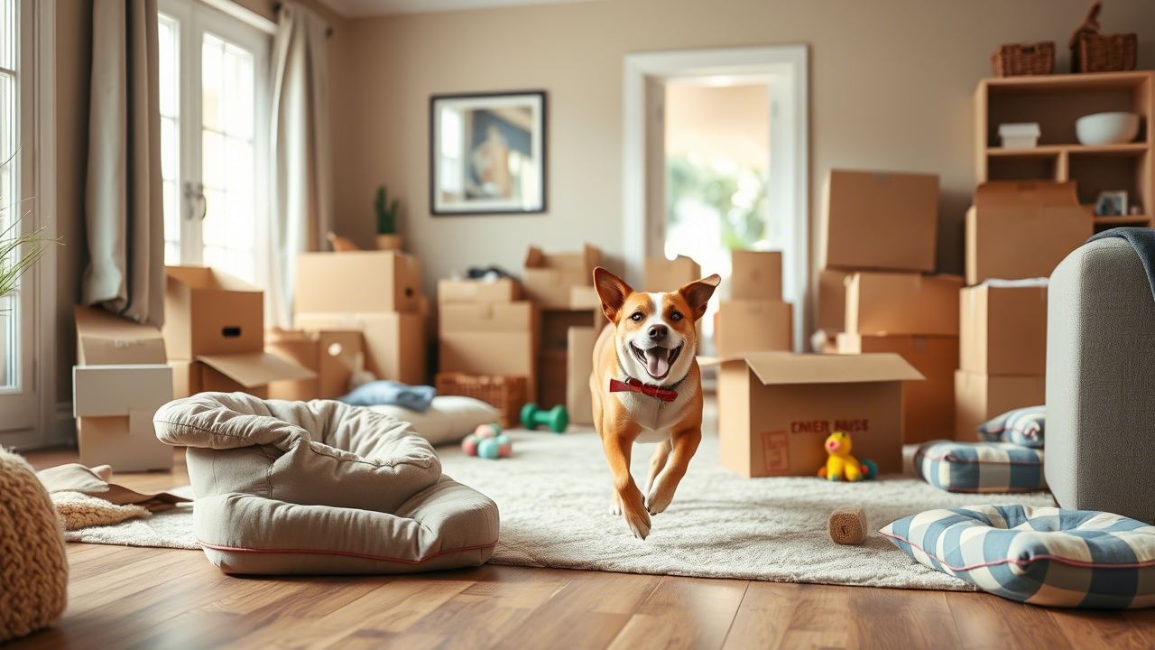 A happy dog exploring a new living room