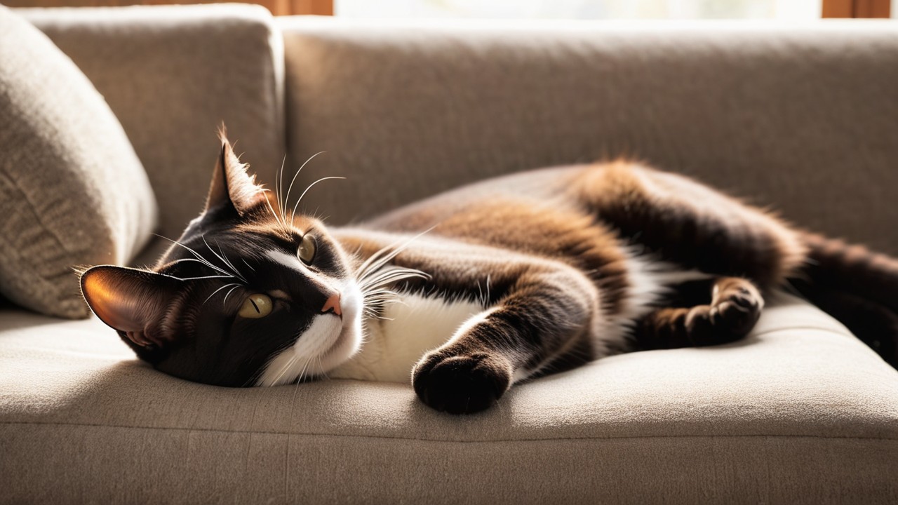 A cozy living room with a content cat curled up on a soft, plush couch