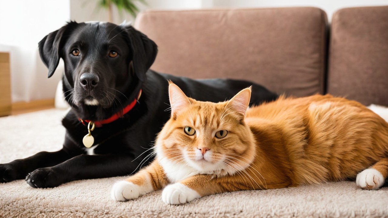 Dog and a cat are relaxing together