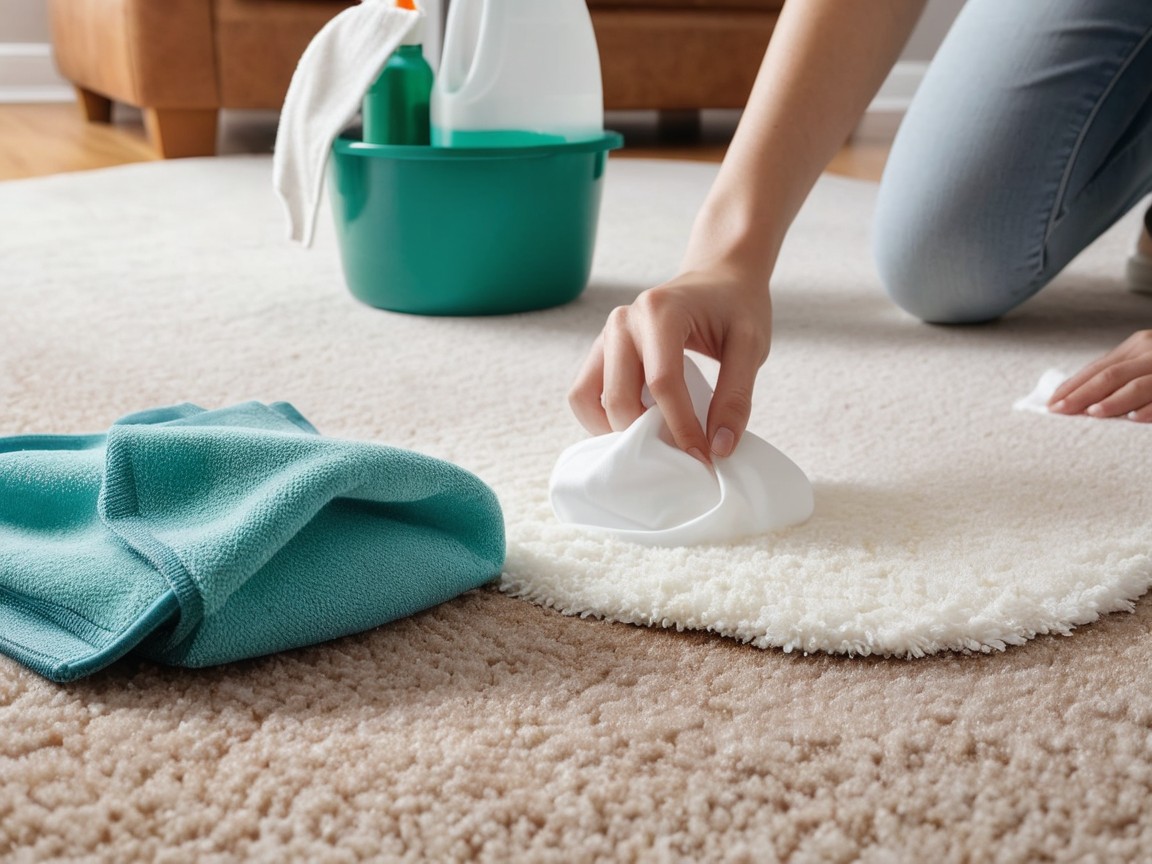 A close-up of a person blotting a wet carpet stain with a clean white cloth