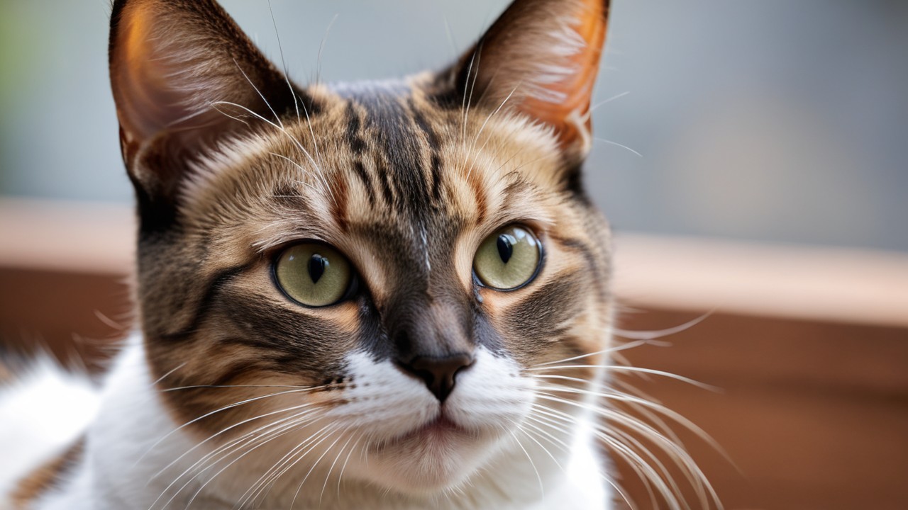 A close-up of a curious cat with its ears perked up and eyes wide open, focusing intently on something unseen