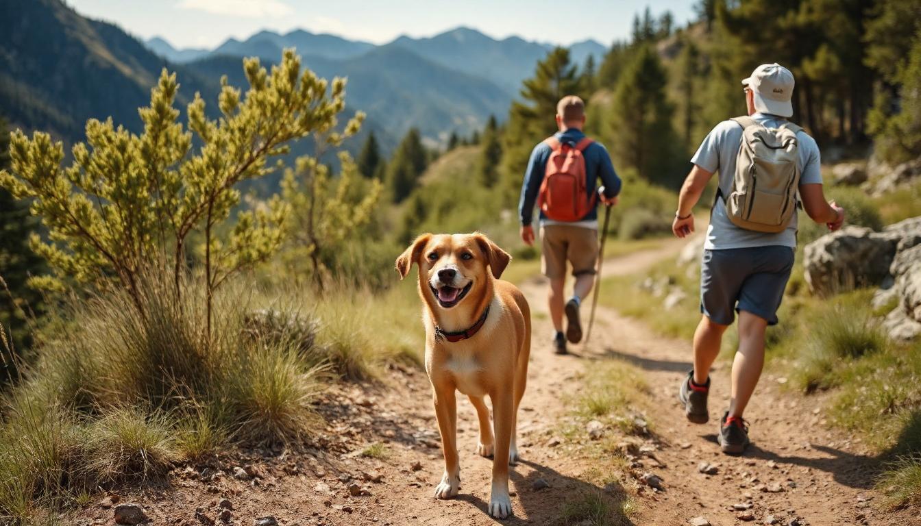 A dog hiking on a sunny trail with its owner, carrying a small backpack