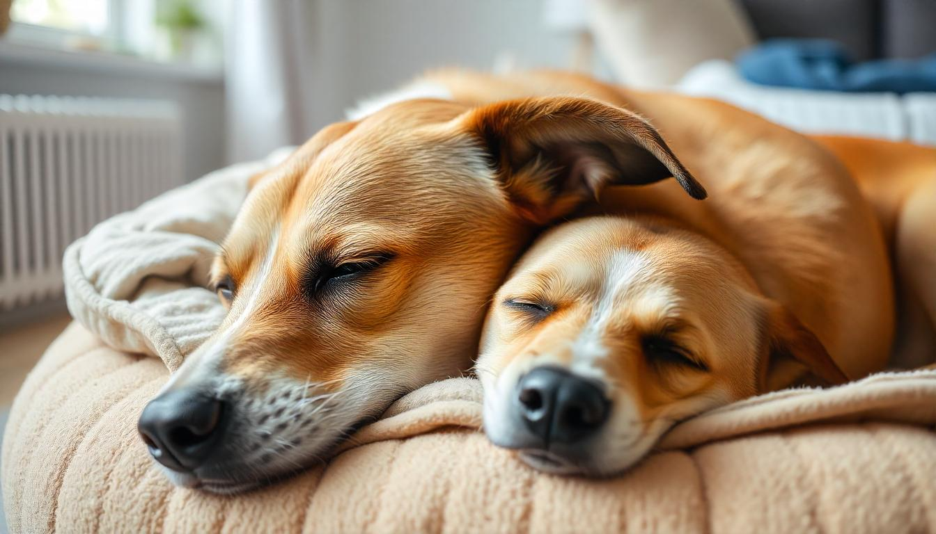 A calm and content female dog resting indoors on a cozy bed