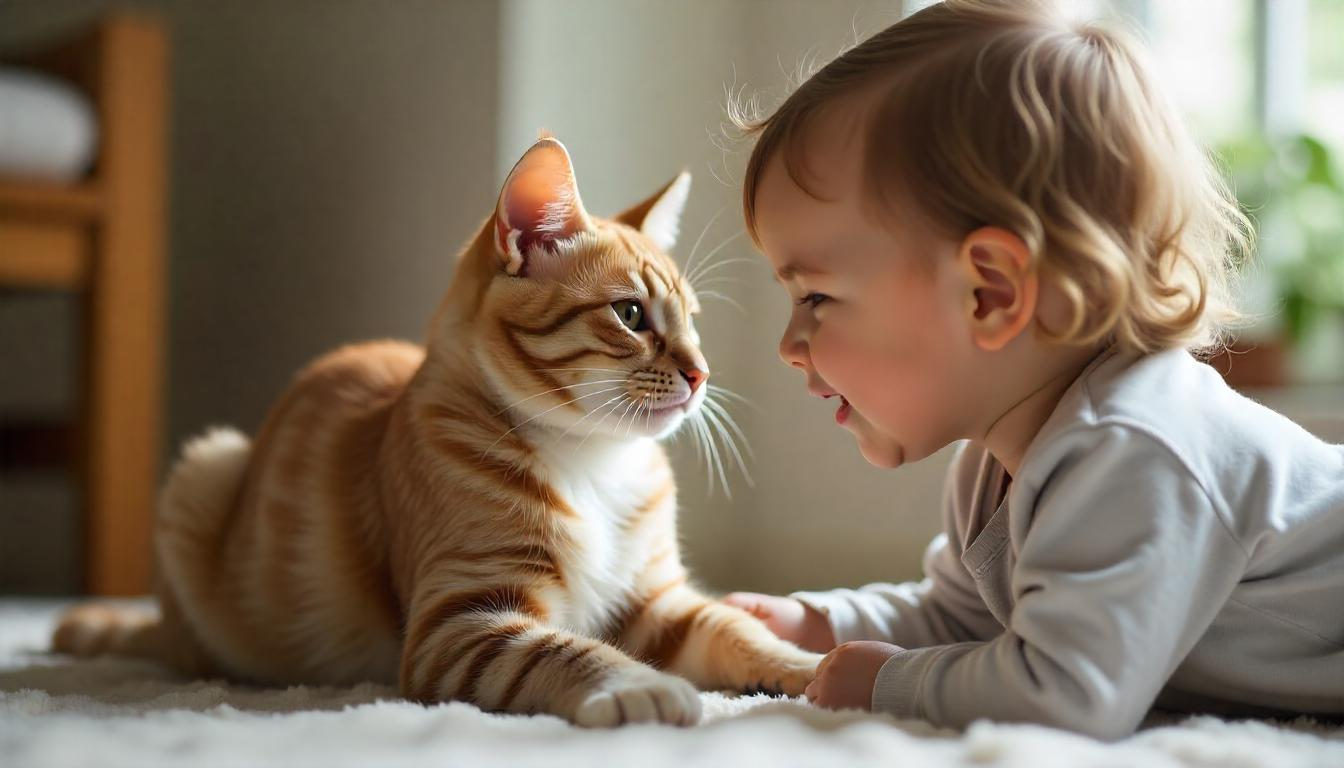 A calm and gentle cat interacting with a young child in a peaceful indoor setting