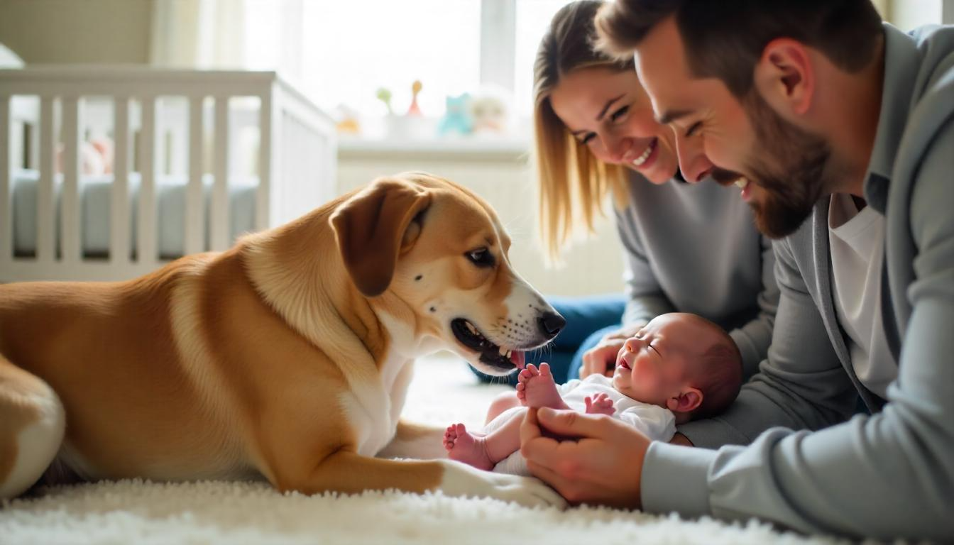 A calm and happy dog gently sniffing a newborn baby’s feet while the parents watch closely