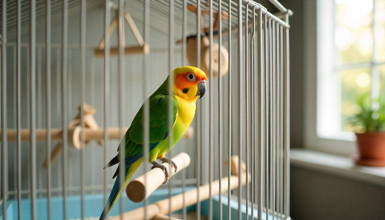 A clean and ventilated bird cage placed in a bright, family-friendly room