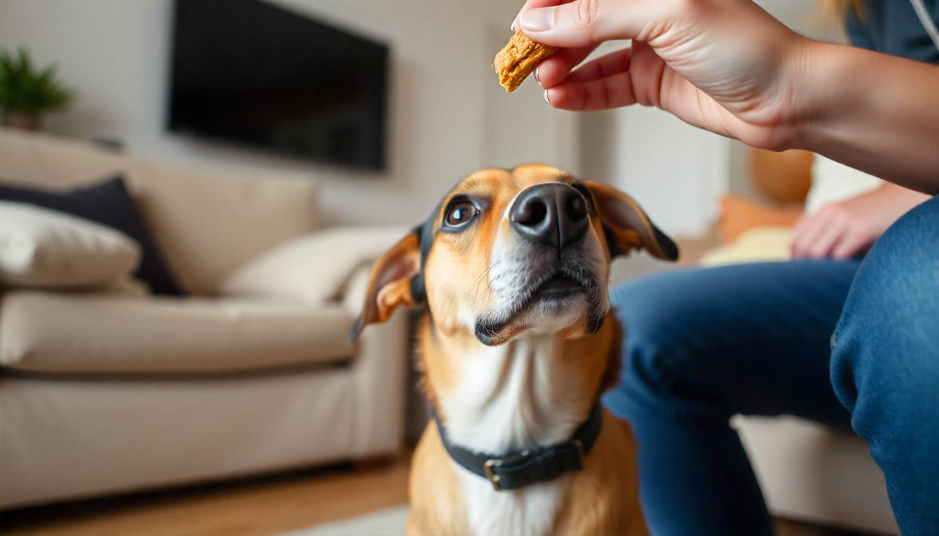 A close-up of a dog in a living room, transitioning into a sitting position as its owner holds a treat above its head