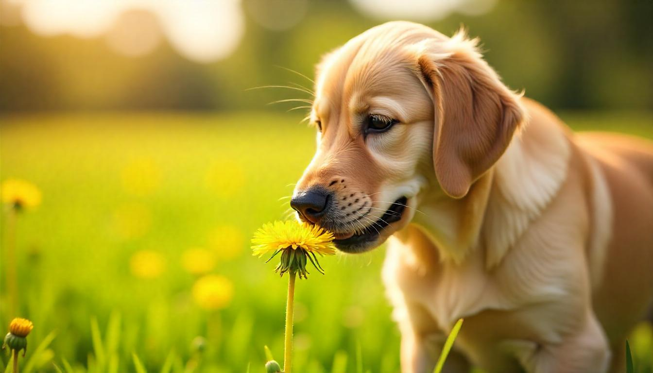 A close-up of a golden retriever sniffing a bright yellow dandelion flower in a grassy field