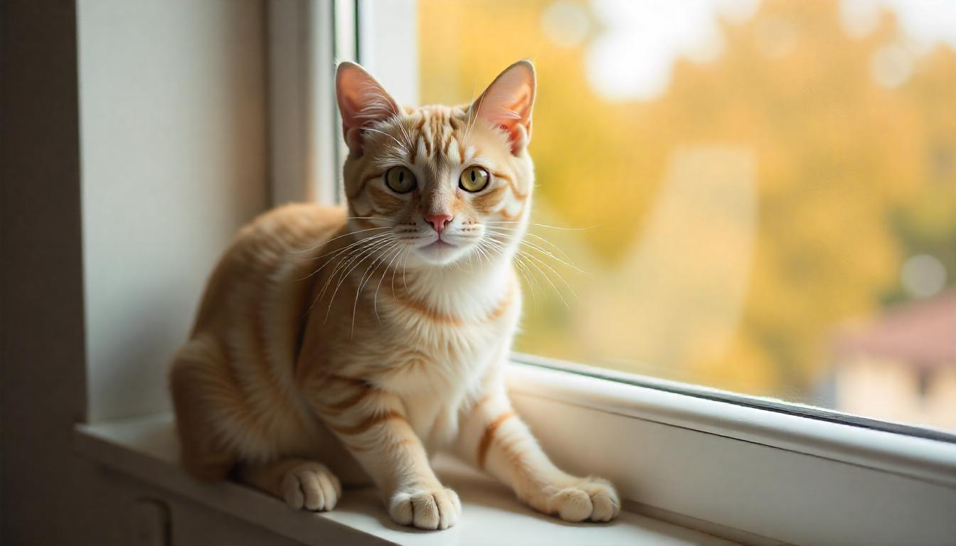 A close-up of a happy adult cat sitting on a windowsill, looking healthy and vibrant