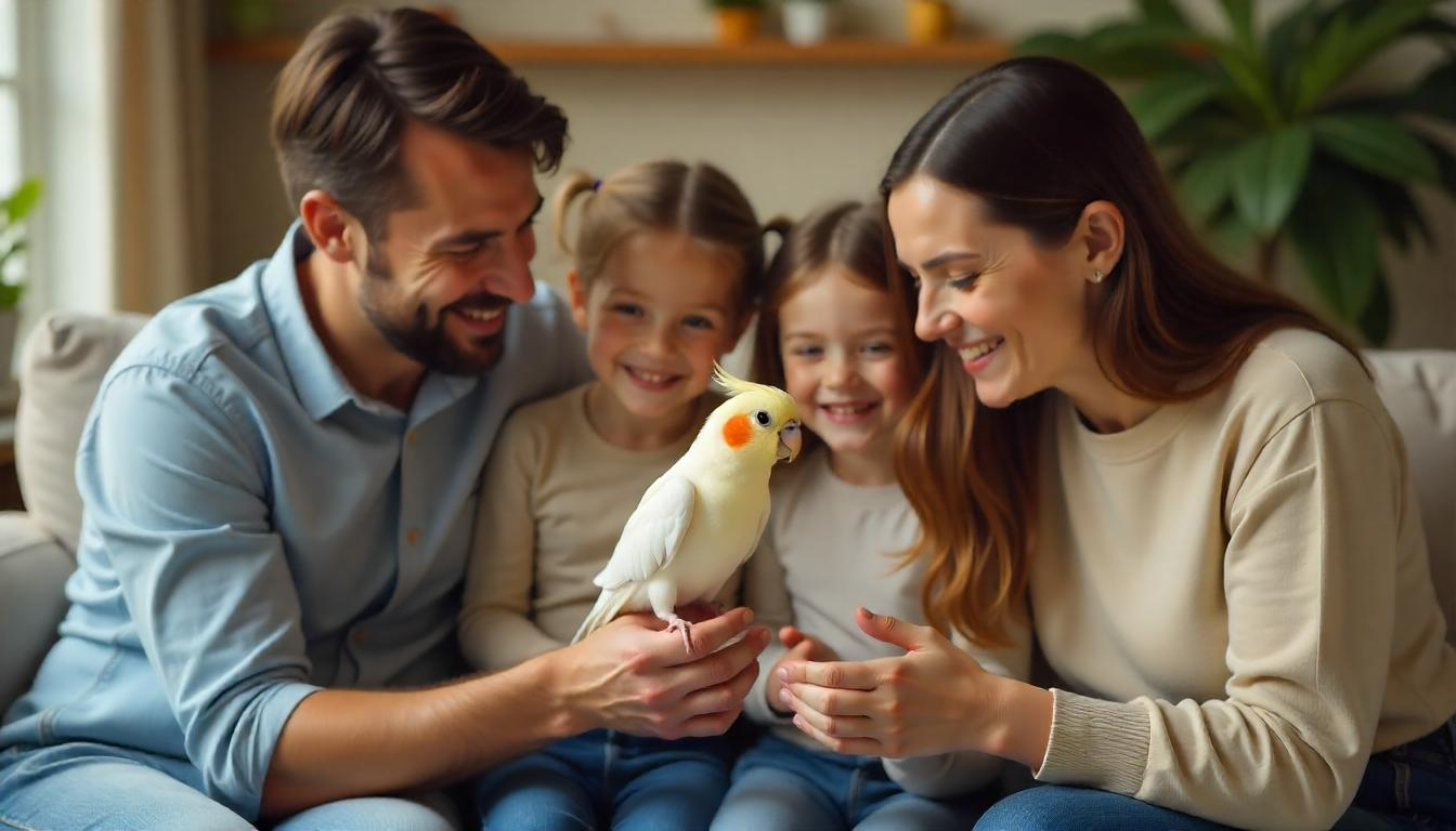A close-up of a happy family interacting with a friendly cockatiel