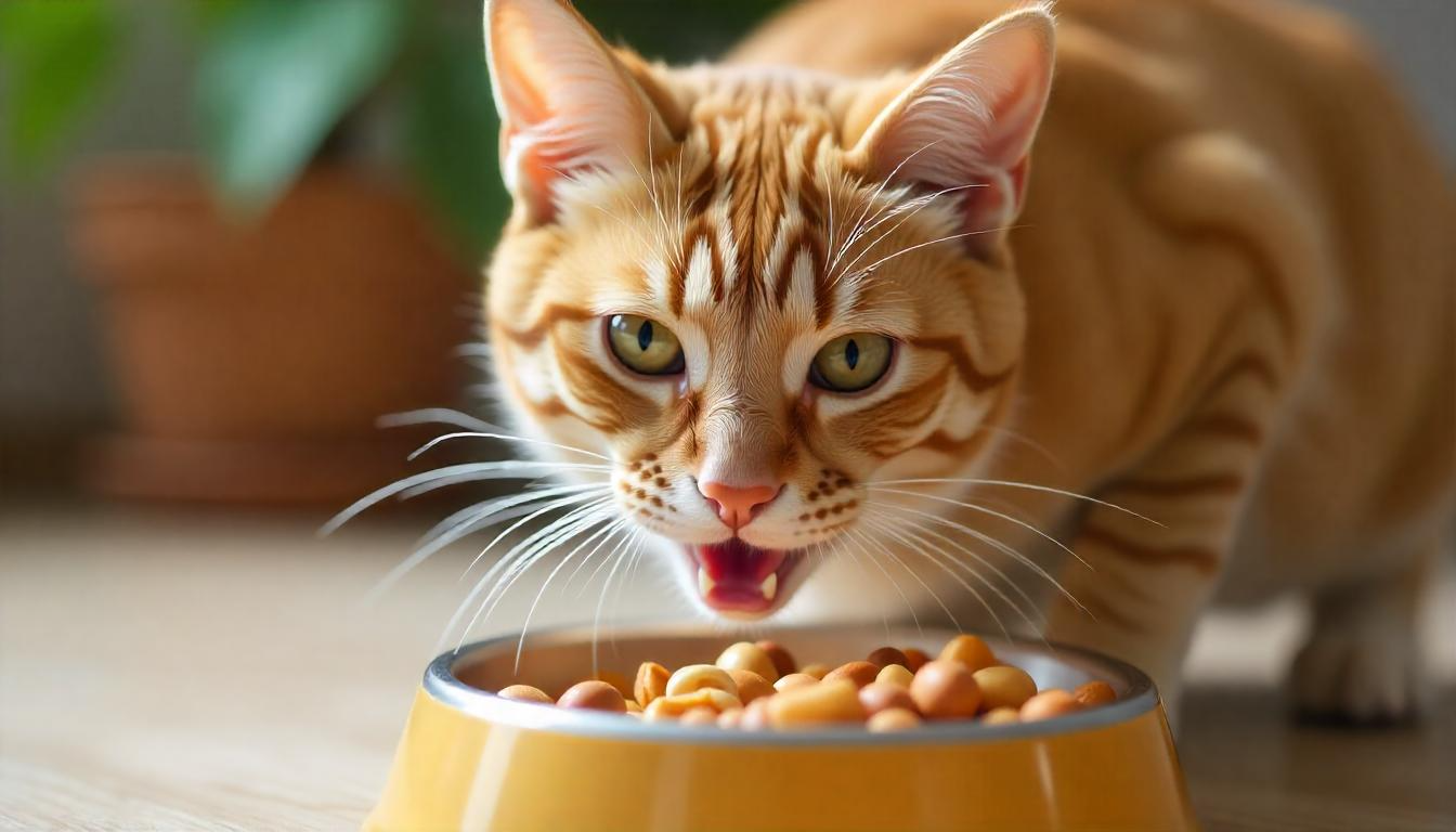 A close-up of a healthy cat happily eating from its food bowl