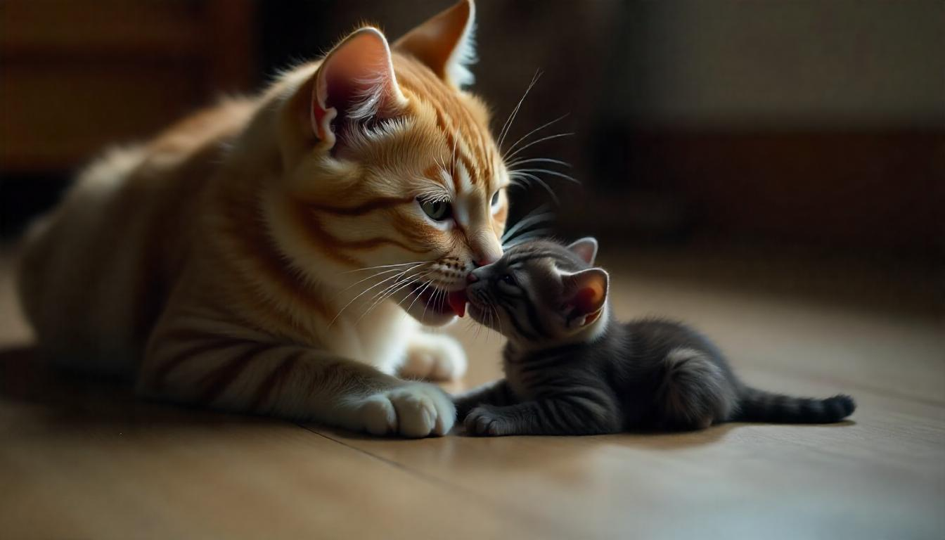 A close-up of a mother cat gently licking one of her newborn kittens