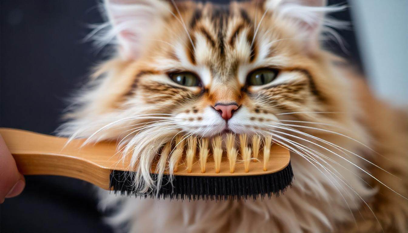 A close-up of a person gently brushing a fluffy cat, with loose fur collecting on the brush