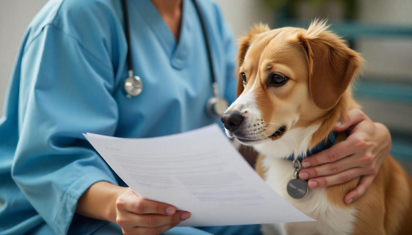 A close-up of a pet owner holding an insurance policy document while gently petting their dog