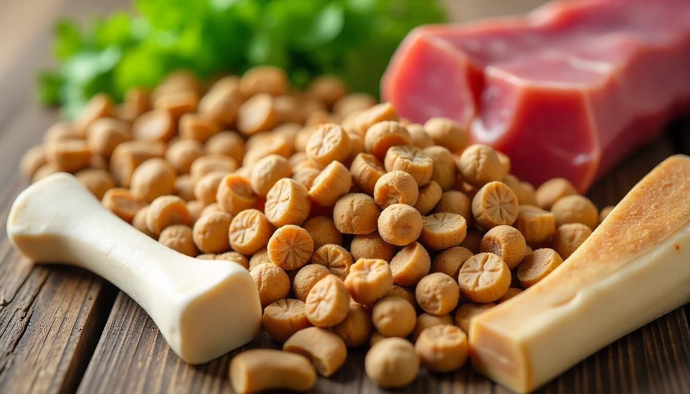 A close-up of a variety of calcium-rich foods for dogs