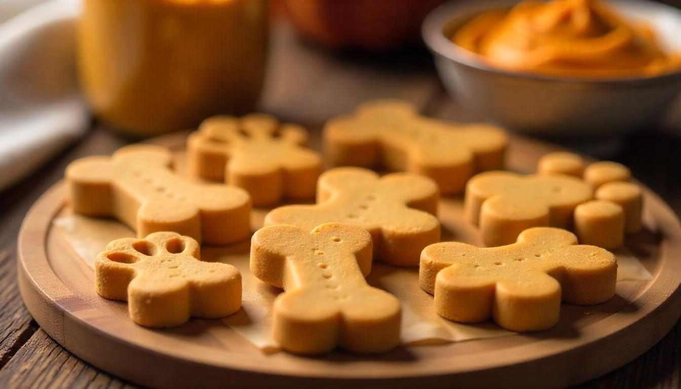 A close-up of freshly baked, golden-brown grain-free dog treats shaped like bones and paw prints