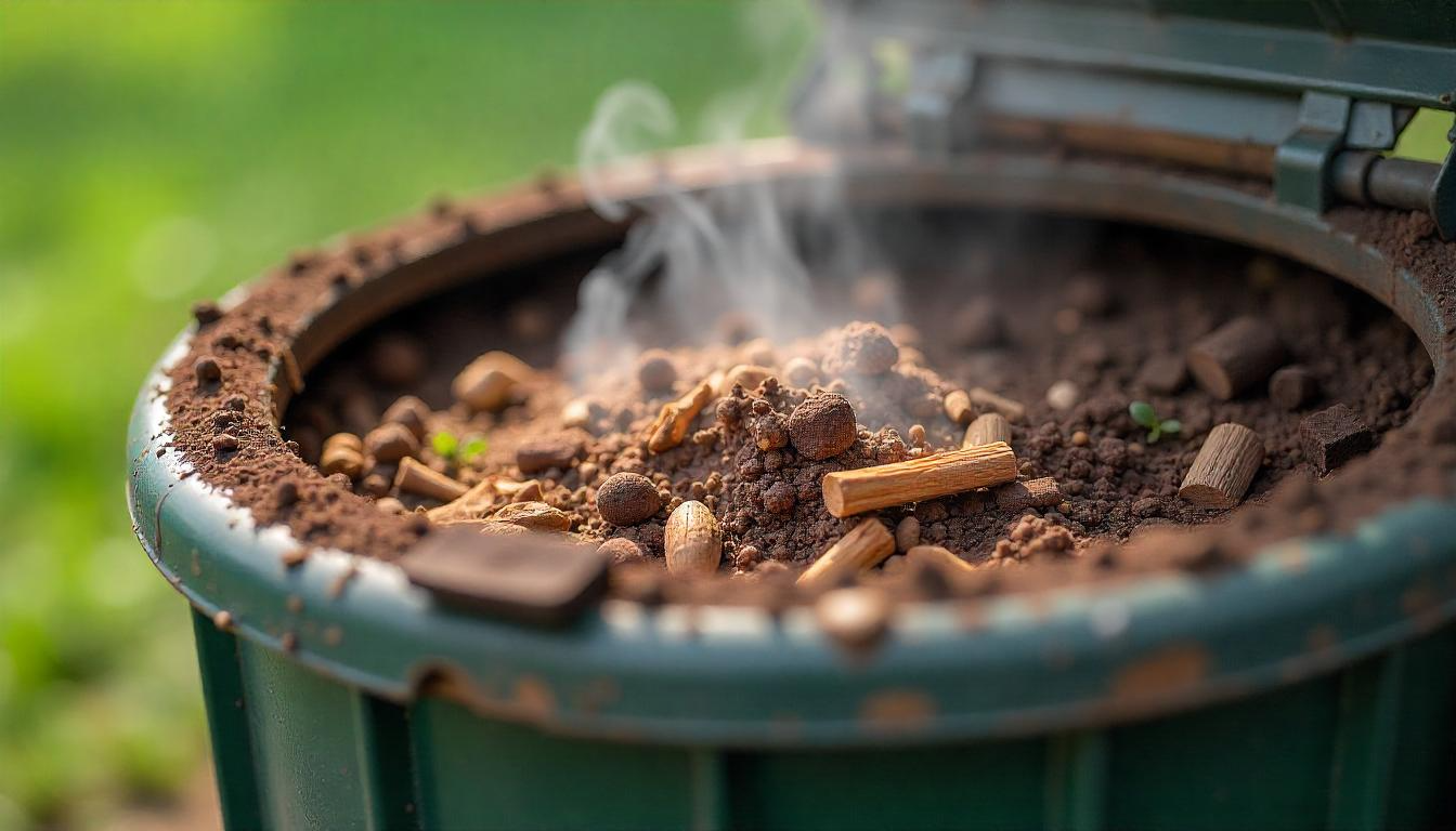 A close-up photo of a specialized dog waste composter filled with layers of organic material