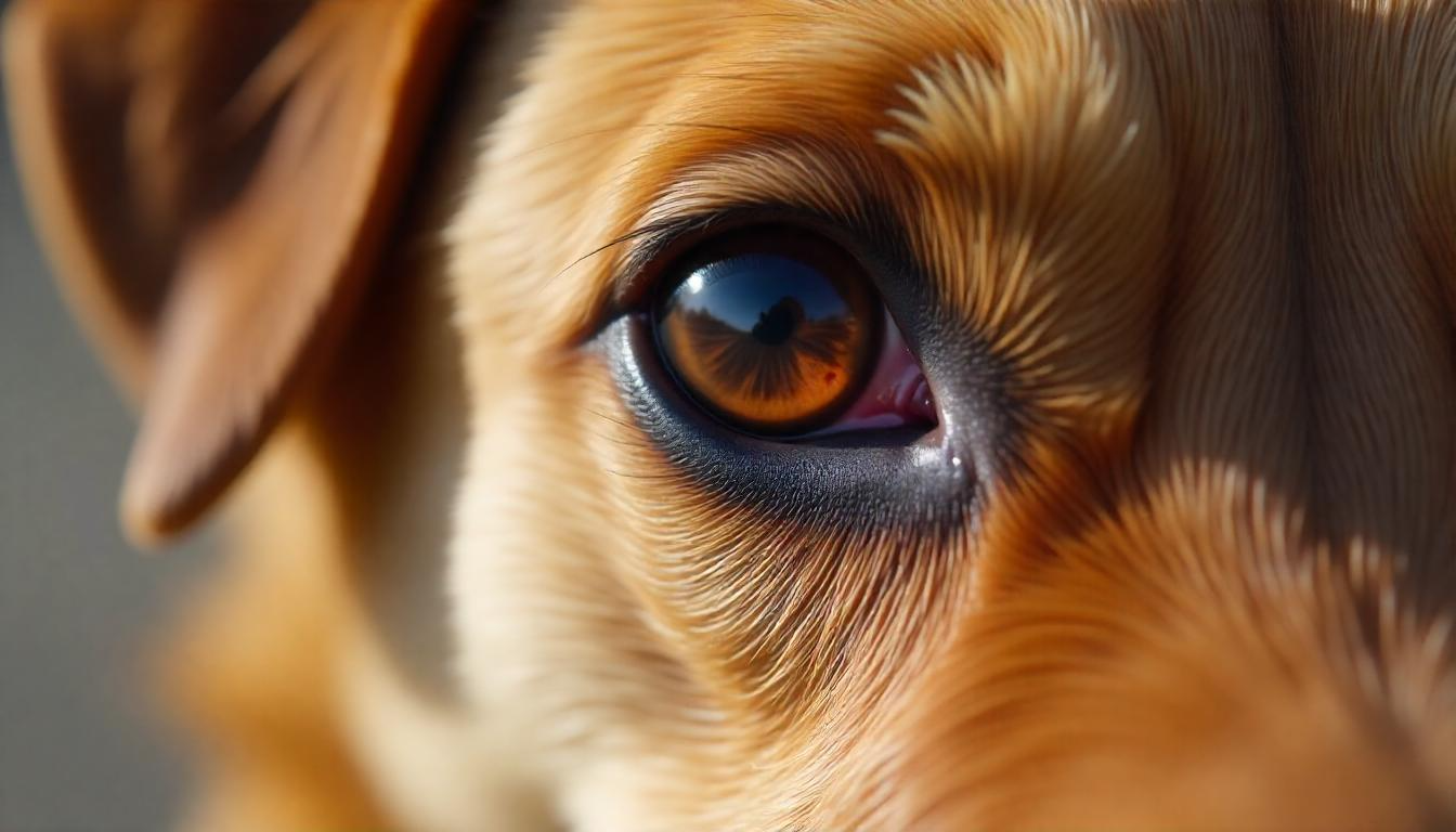 A close-up photograph of a dog's eye with visible redness