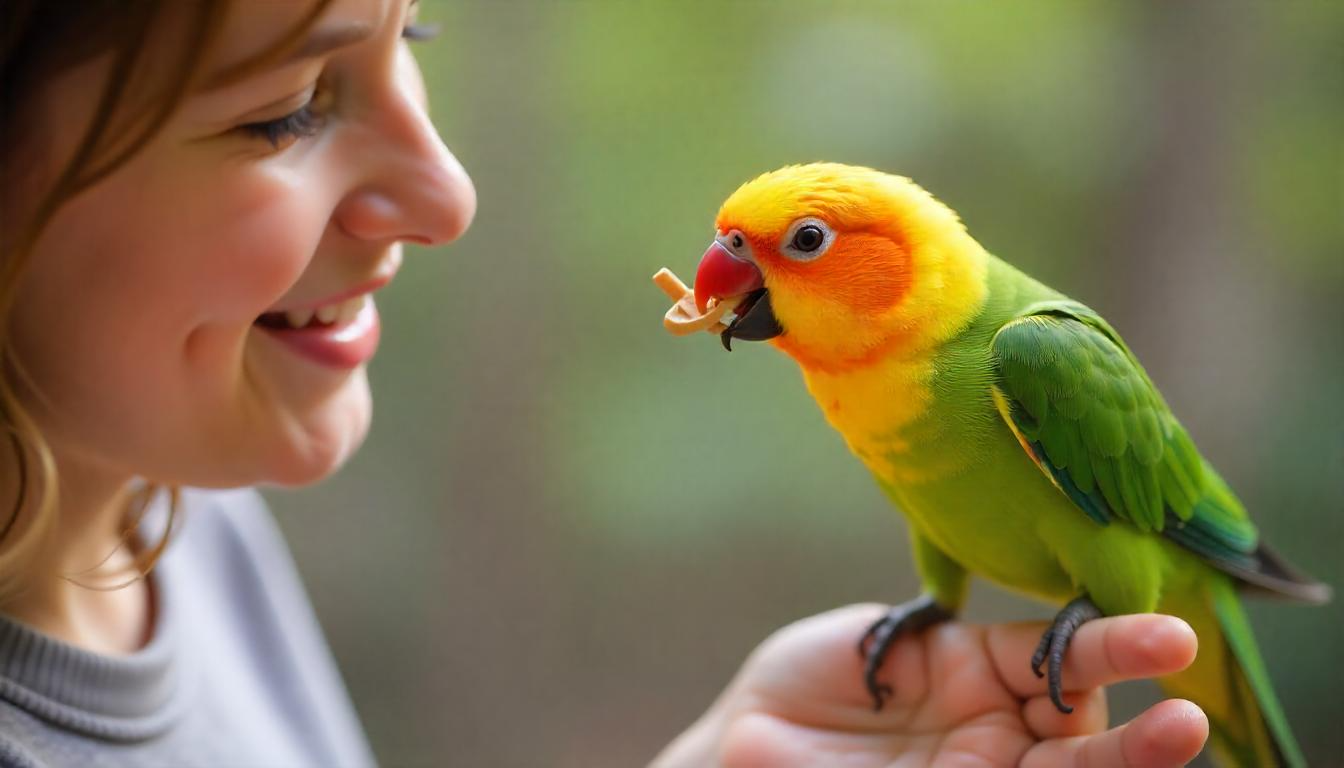 A close-up photograph of an interactive moment between a person and their pet bird