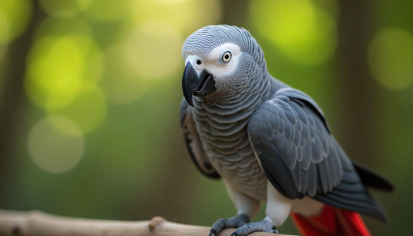 A close-up portrait of a cheerful African Grey Parrot perched on a wooden branch