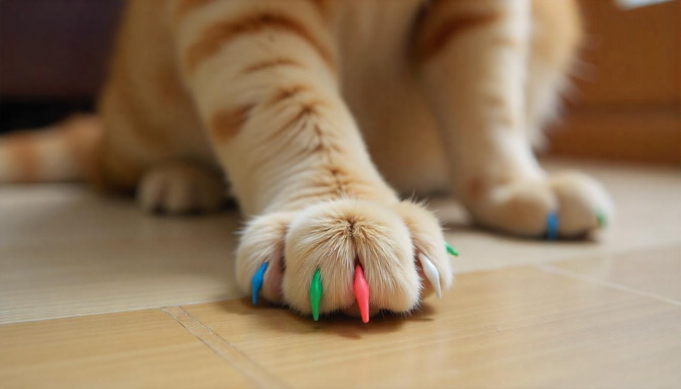 A close-up shot of a cat's paw with colorful vinyl nail caps