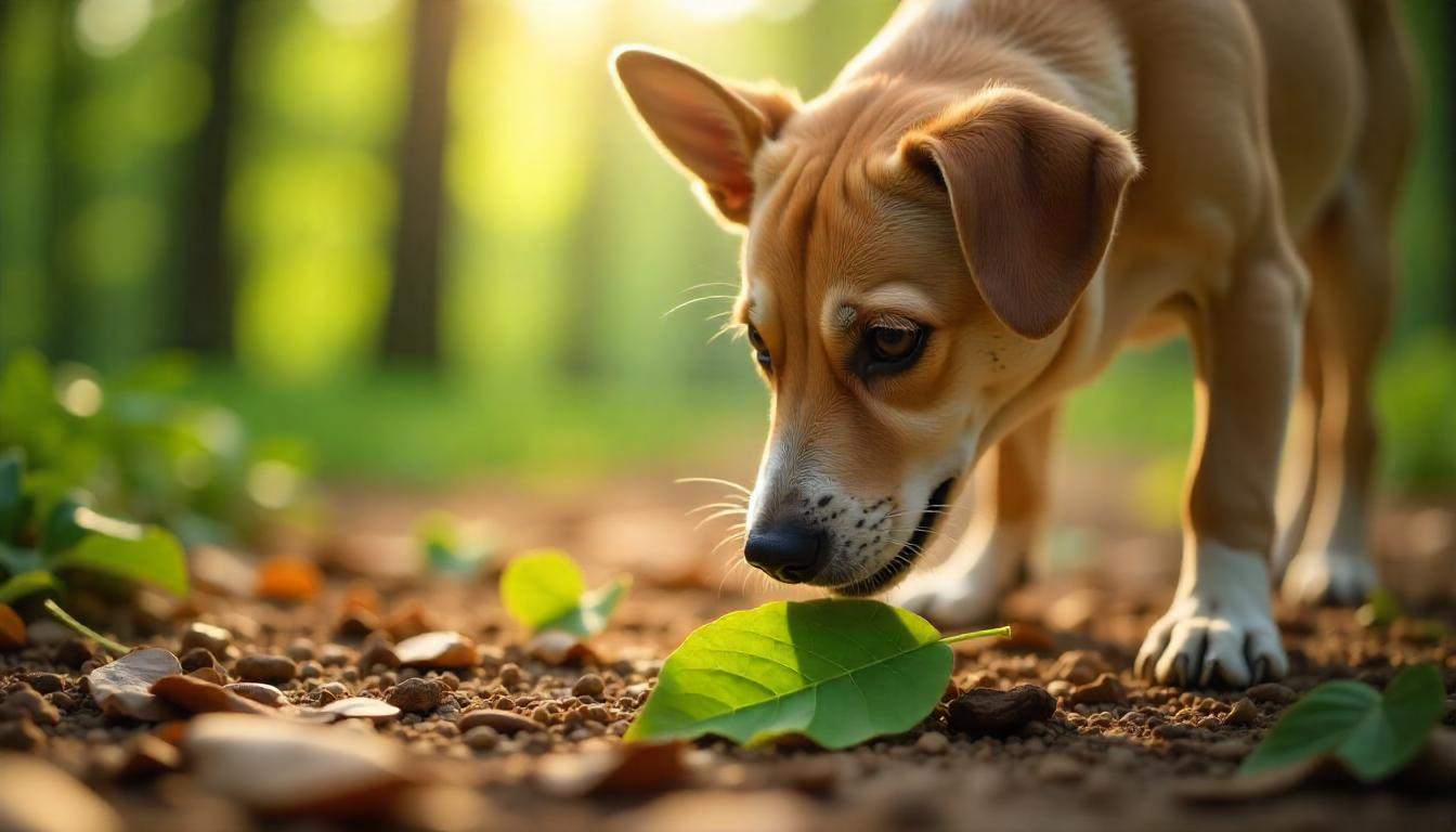 A close-up shot of a curious dog sniffing a green leaf