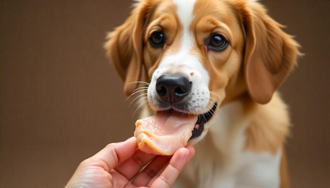 A close-up shot of a dog cautiously sniffing a piece of raw chicken